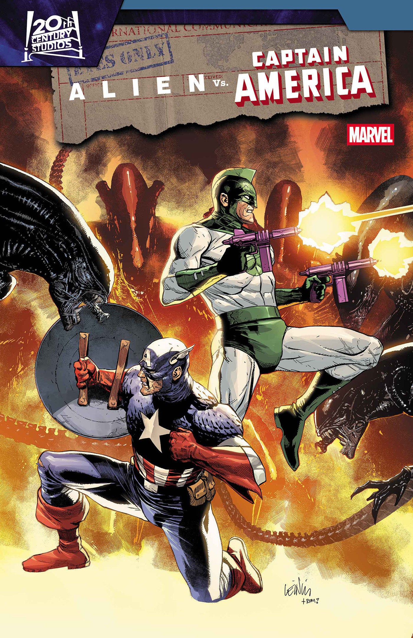 Comic book cover featuring Captain America and an alien with Marvel branding.