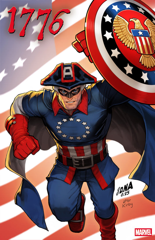 Comic book cover featuring a superhero in a patriotic costume with '1776' and American flag design.