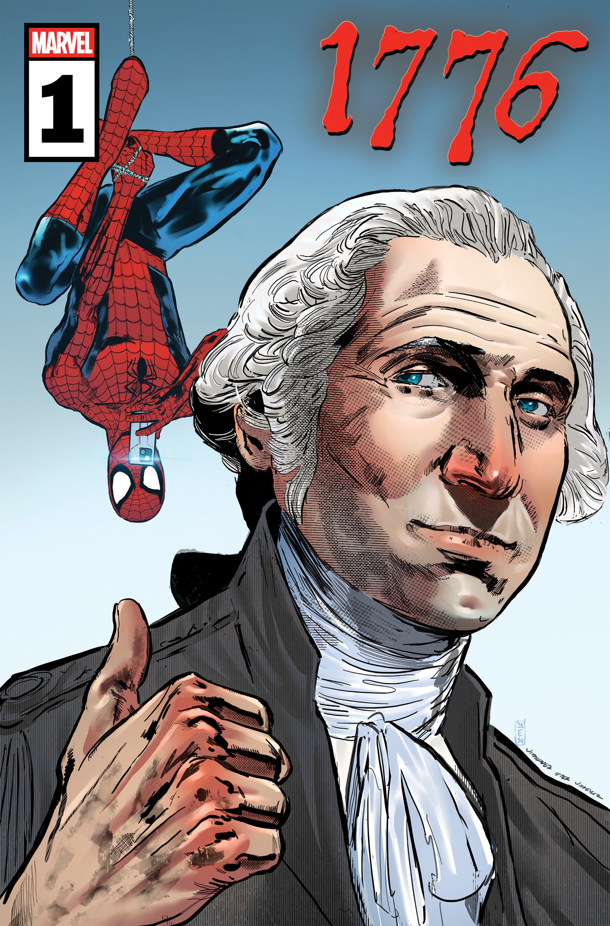 Comic book cover featuring a historical figure and Spider-Man with '1776' and Marvel branding.