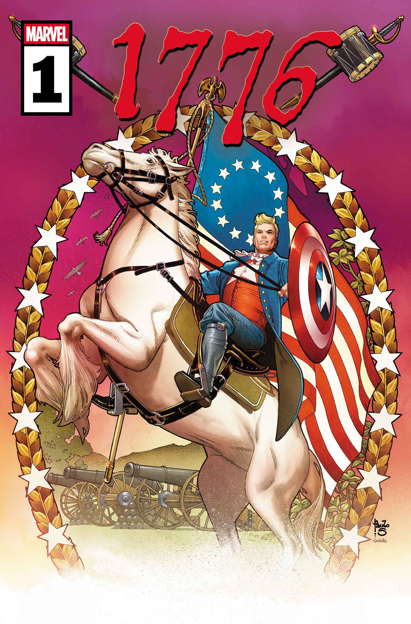 Comic book cover titled '1776' featuring a character on a horse with an American flag, Marvel logo visible.