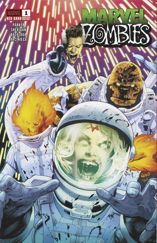Comic book cover of 'Marvel Zombies' featuring characters in space suits with a colorful background.