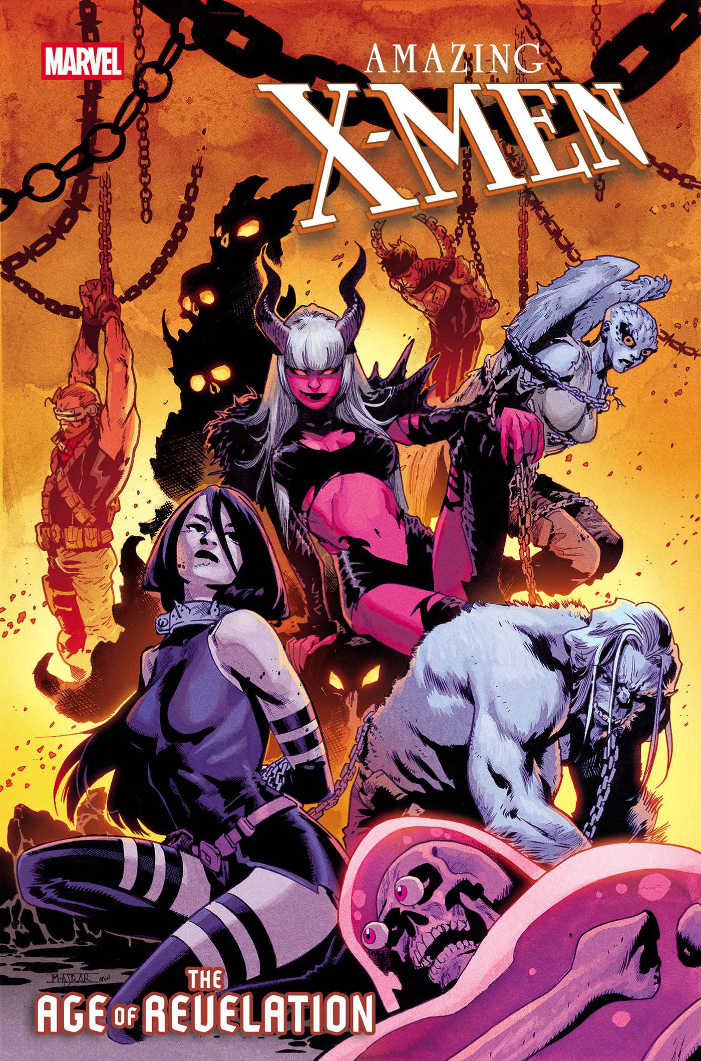 Comic book cover of 'Amazing X-Men' with characters in a dramatic pose against a fiery background.