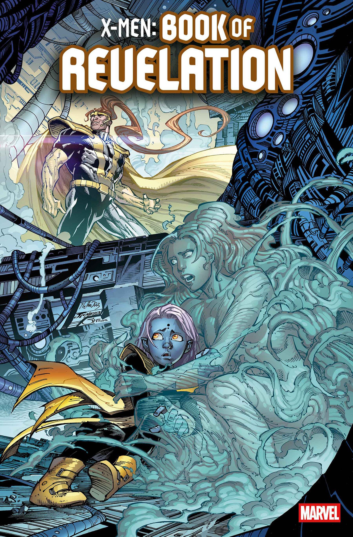 Comic book cover titled 'X-Men: Book of Revelation' featuring characters in a sci-fi setting.