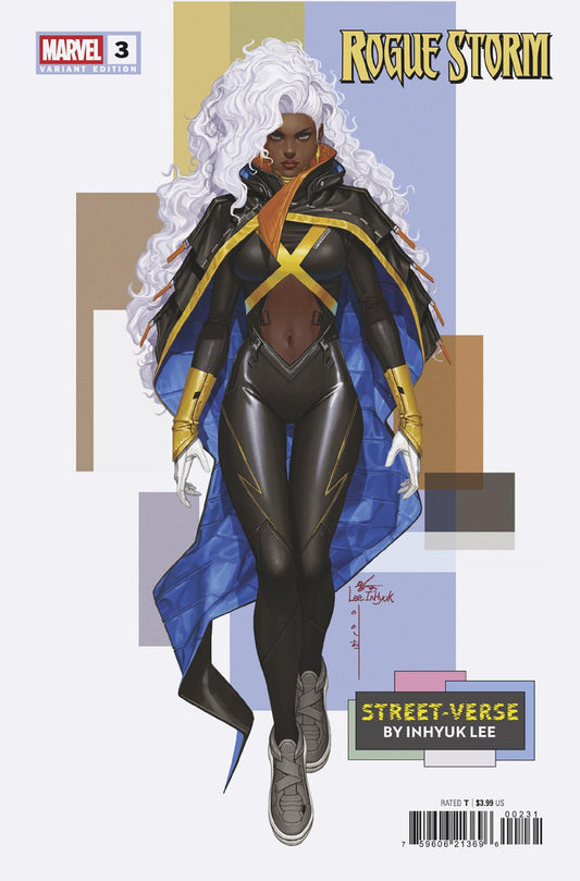 Comic book cover featuring a superhero in a black and blue costume with gold accents, standing against a geometric background.