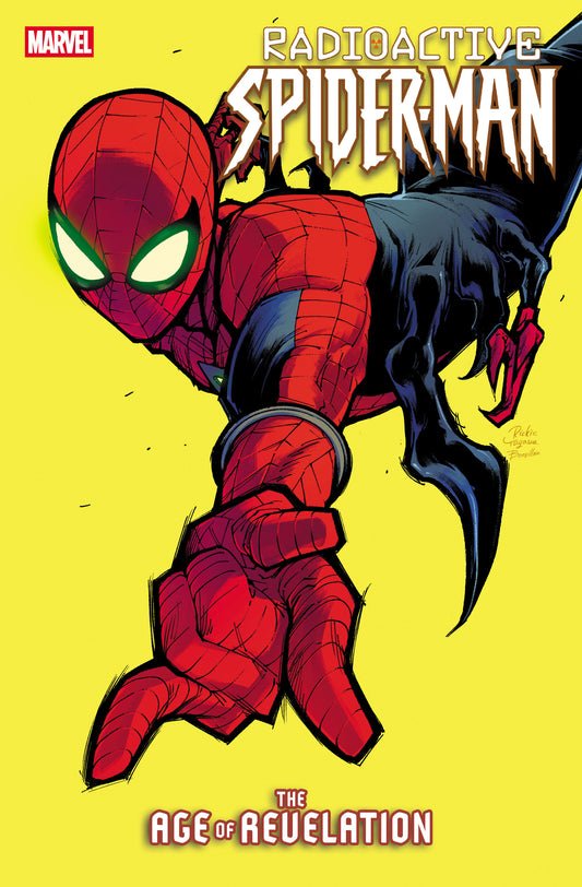 Comic book cover of Radioactive Spider-Man with a yellow background