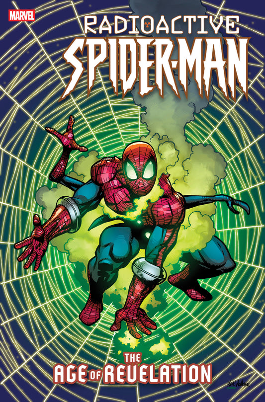 Comic book cover featuring Spider-Man with radioactive effects on a webbed background