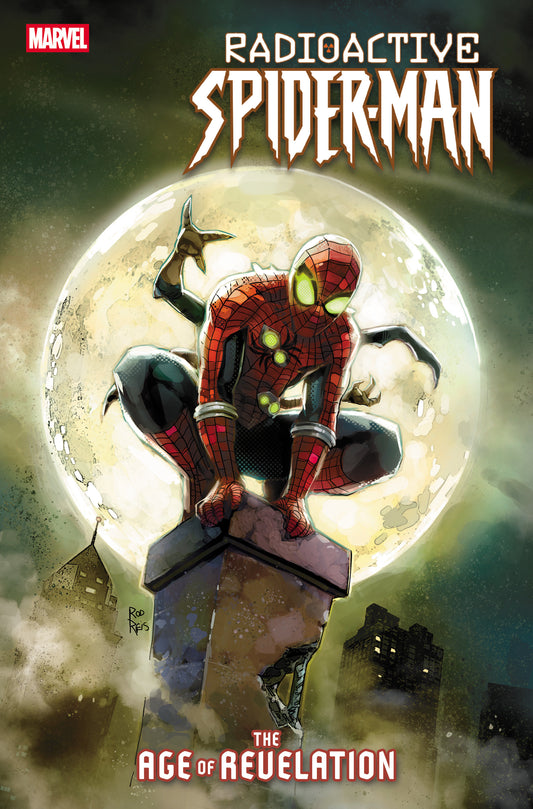 Comic book cover featuring Spider-Man with glowing eyes against a moonlit sky, Marvel logo visible.
