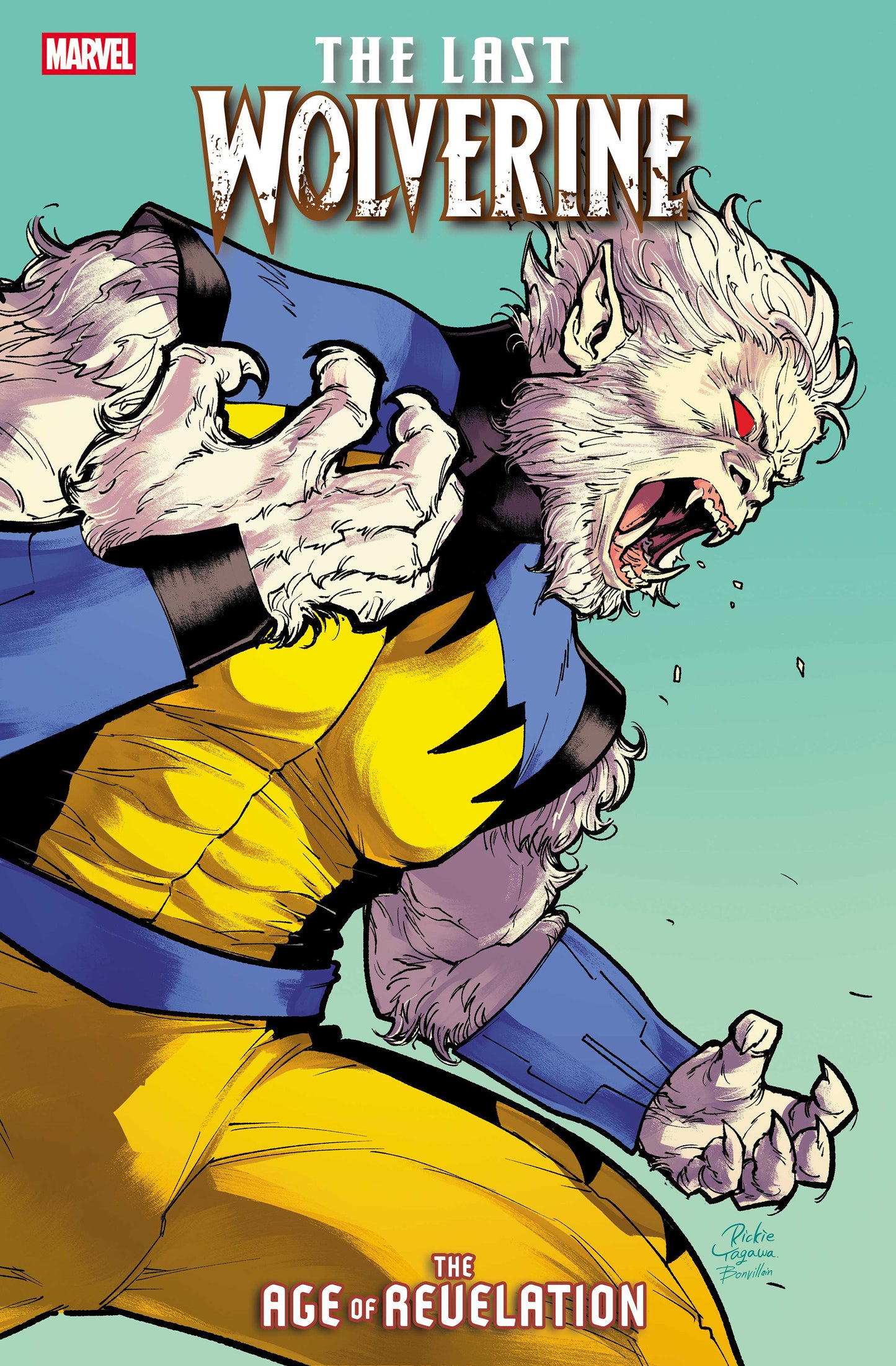 Comic book cover of 'The Last Wolverine' with a character in a yellow and blue costume against a light blue background.