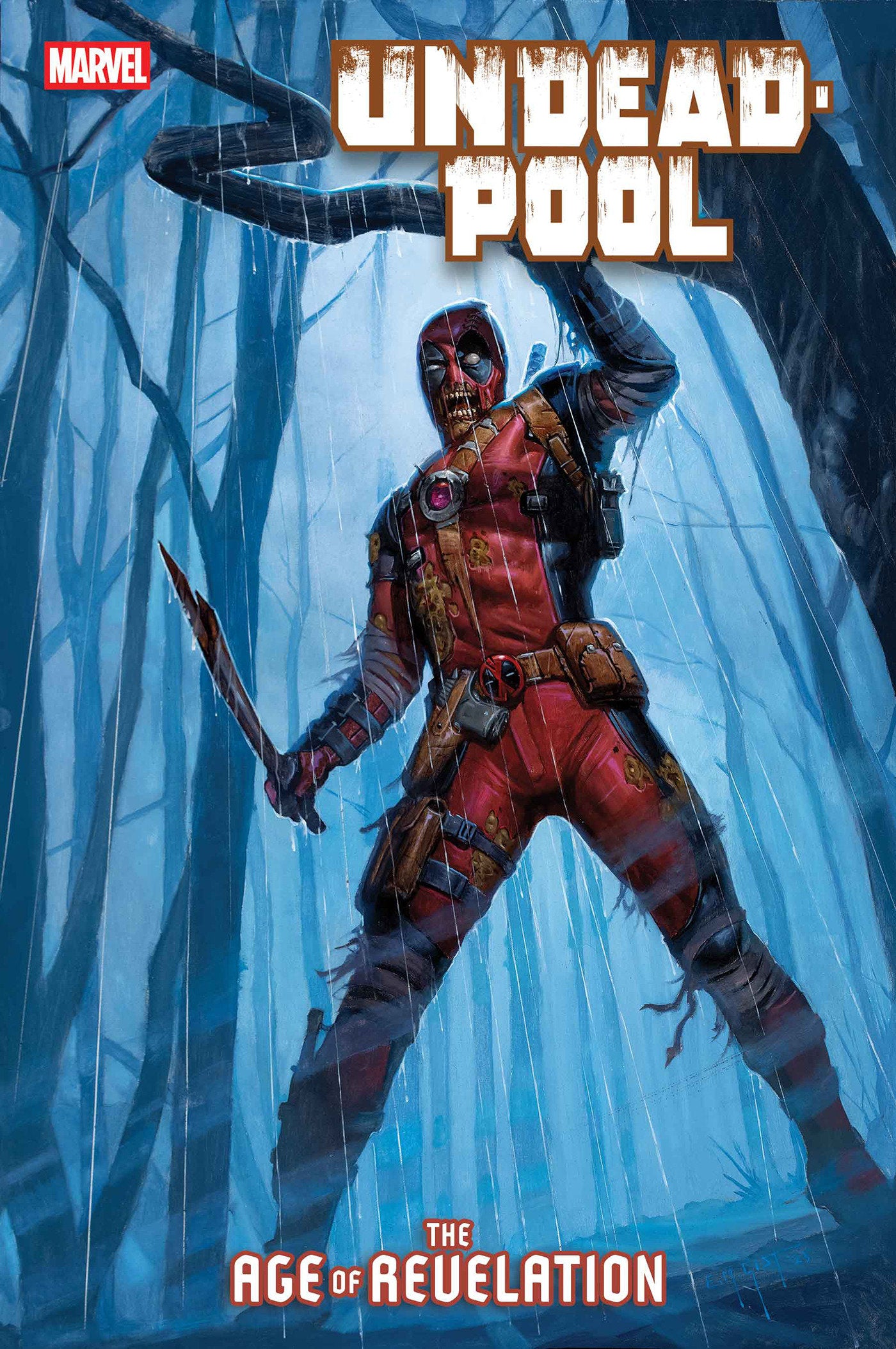 Comic book cover featuring a character in a red and black suit with a sword, set against a forest background.