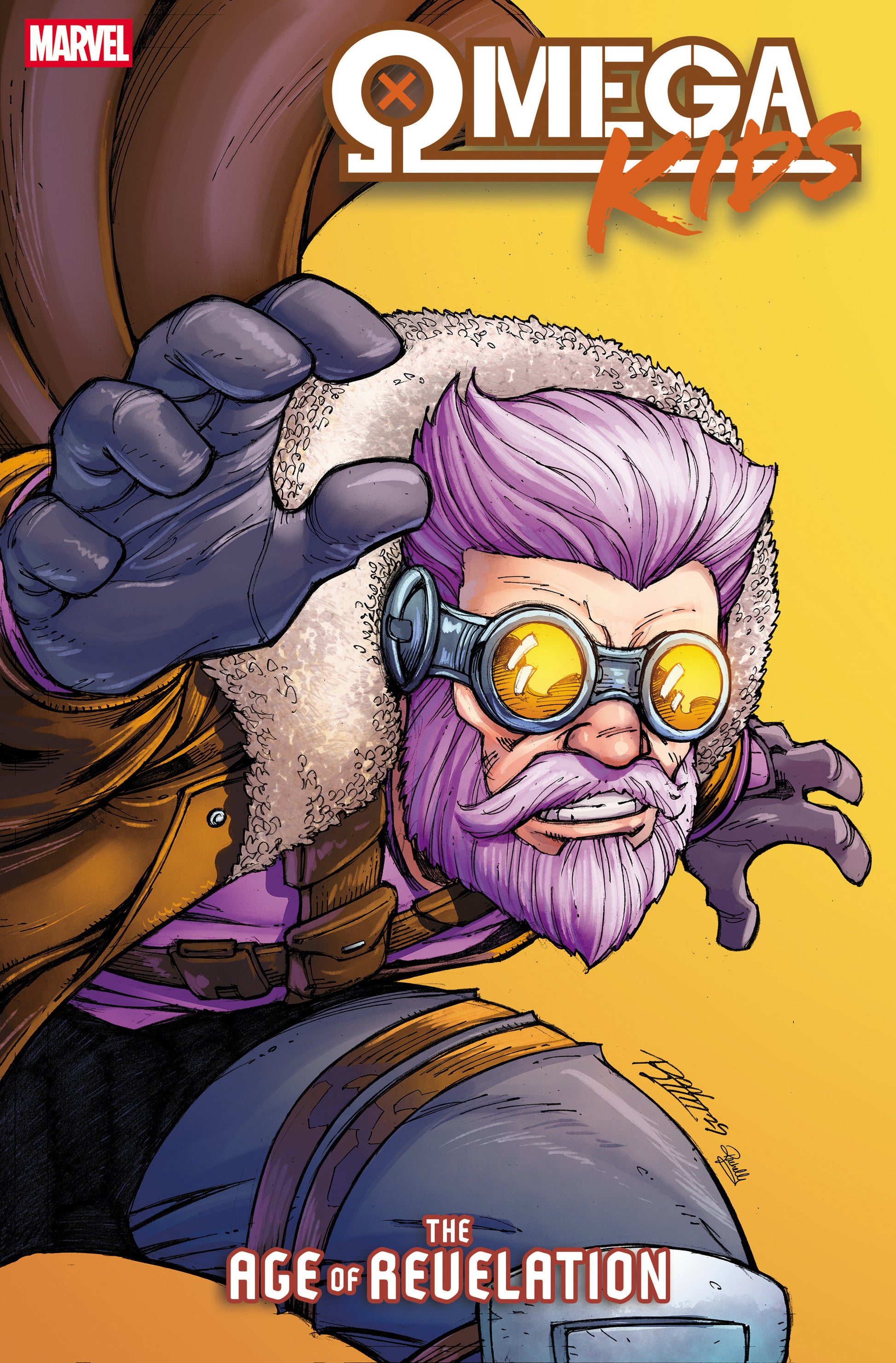 Comic book cover featuring a character with purple hair and goggles, with 'Omega Kids' and 'Age of Revelation' text.