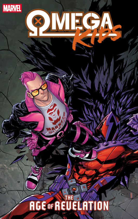Comic book cover featuring a superhero character with pink hair and sunglasses, set against a dark background.