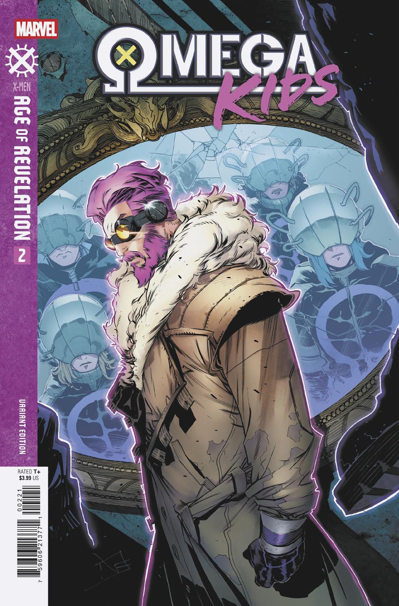 Comic book cover featuring a character from 'Omega Kids' with a dark background and superhero emblem.