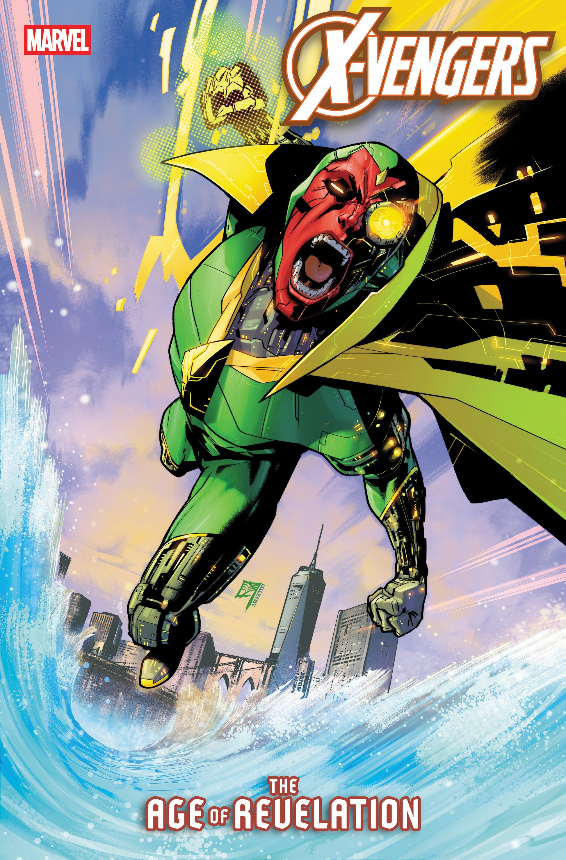 Comic book cover featuring a superhero in green and yellow costume with 'X-Men' and 'Marvel' logos.