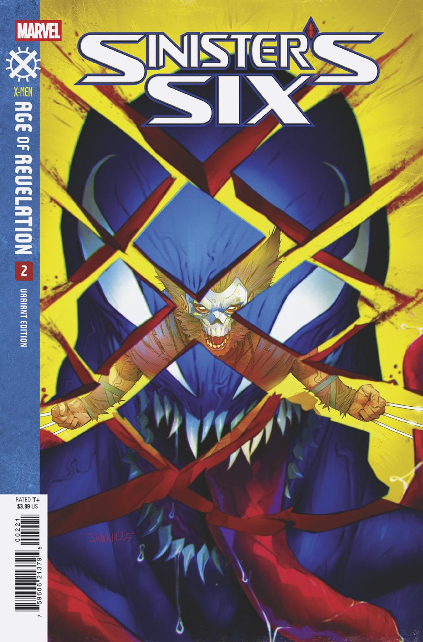 Comic book cover of Sinister's Six with a superhero in a blue and red costume.