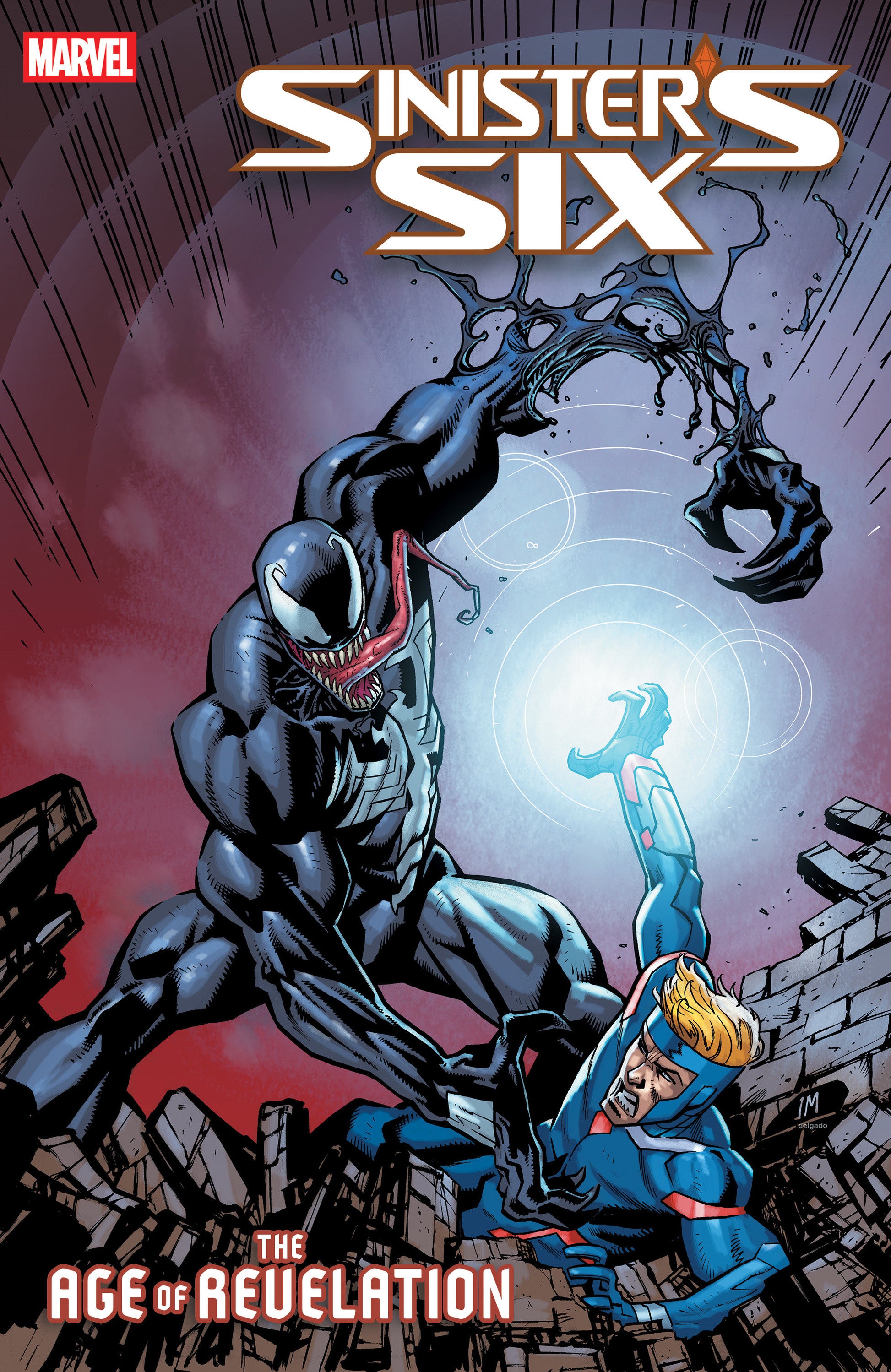 Comic book cover featuring Venom and a superhero in a battle scene with 'Sinister's Six' title.
