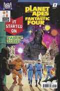 Comic book cover featuring 'Planet of the Apes' versus 'Fantastic Four' with superhero and ape characters.