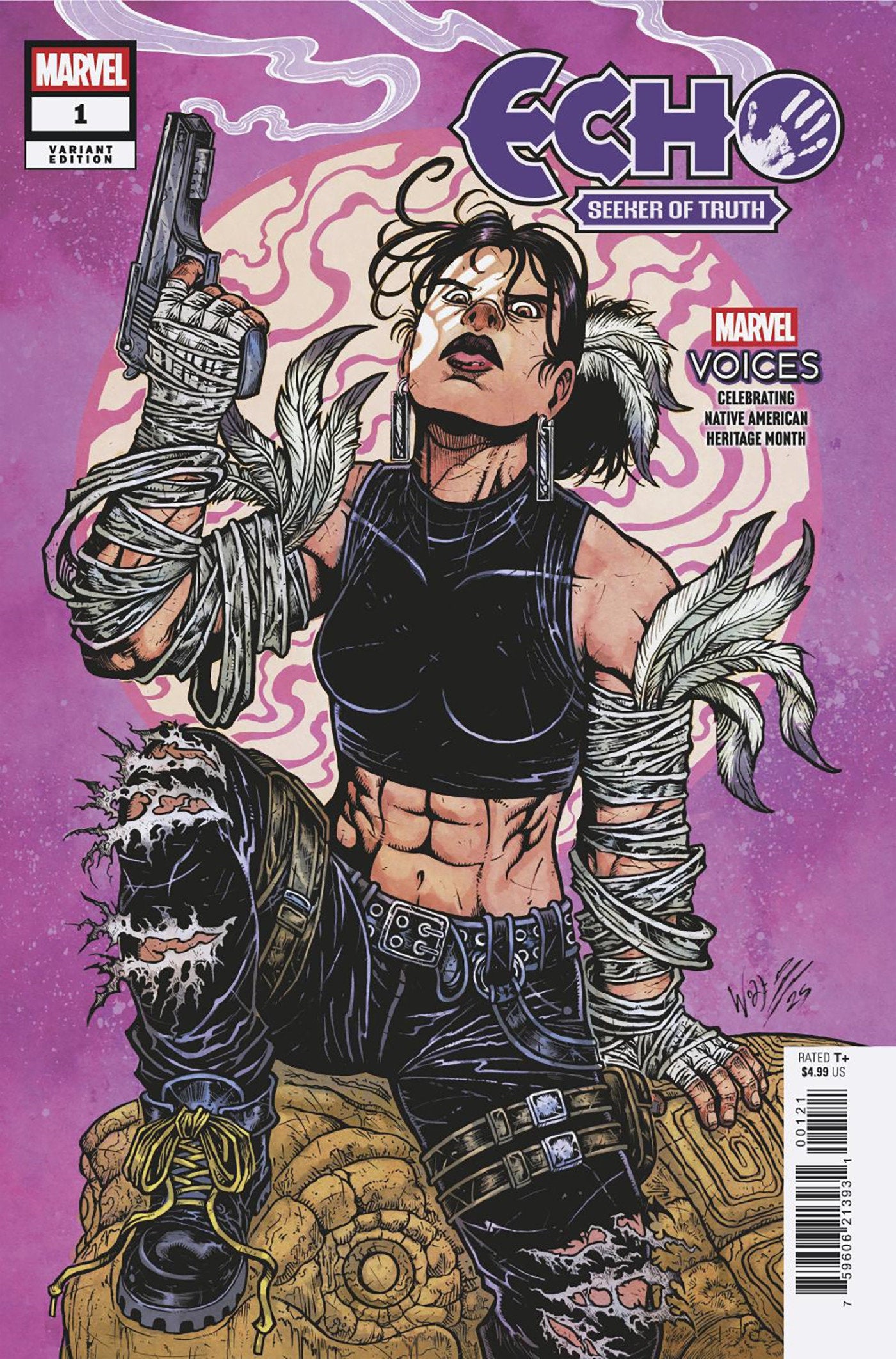 Comic book cover of 'Echo' featuring a character with a gun against a purple background.