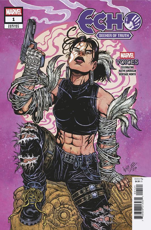 Comic book cover of 'Echo' featuring a character with a gun against a purple background.
