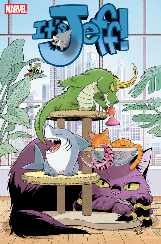 Comic book cover with a cat, shark, and dragon on a cat tree with Marvel logo.