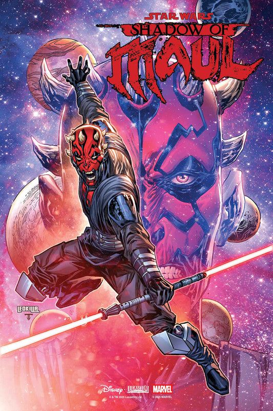 Comic book cover featuring a character from 'Star Wars' with a red mask and lightsaber, set against a cosmic background.