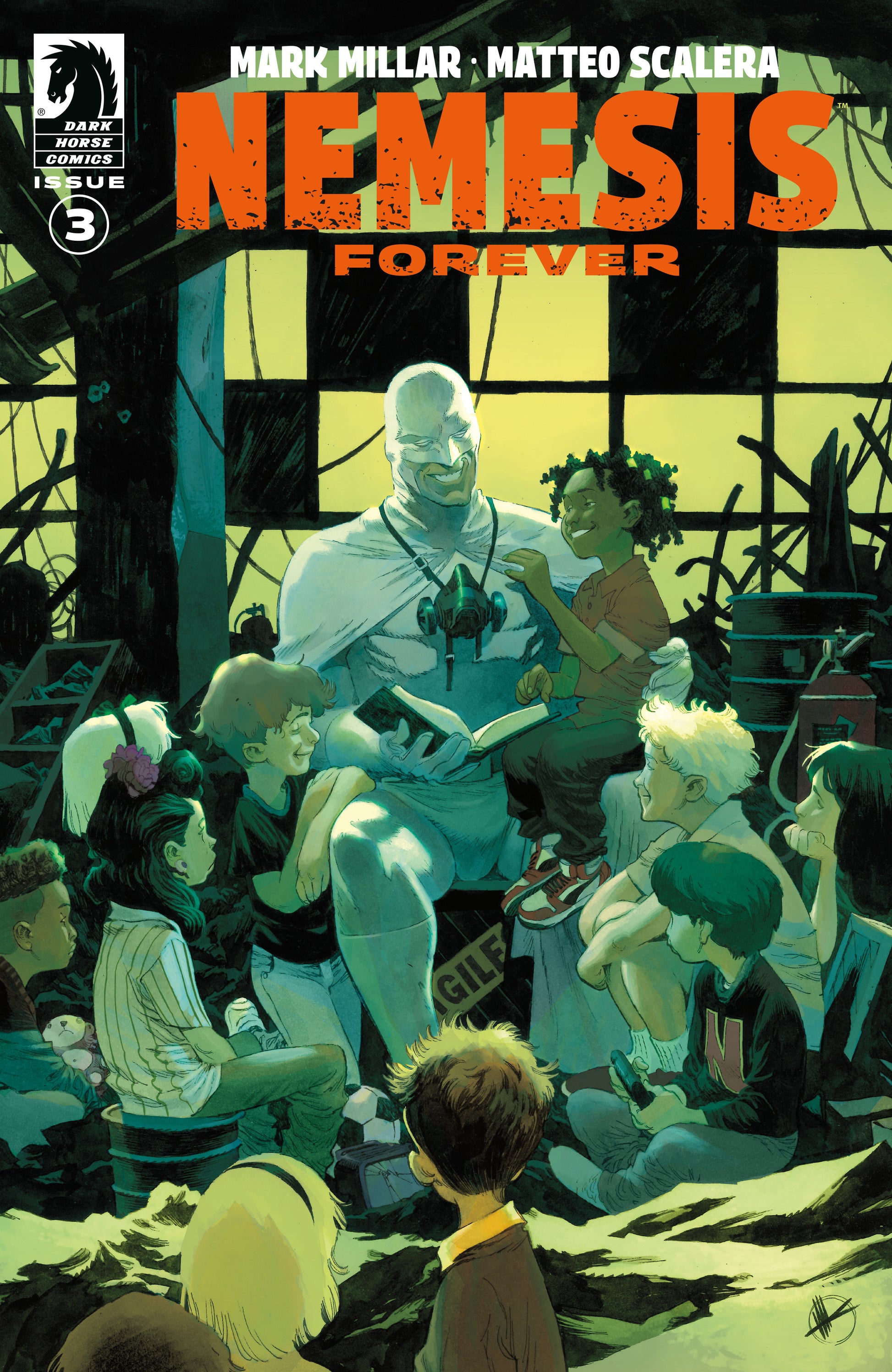 Comic book cover of 'Nemesis Forever' with a central figure reading to children.