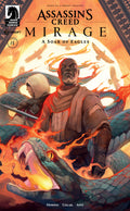 Assassin's Creed Mirage comic book cover with two characters and a dragon.