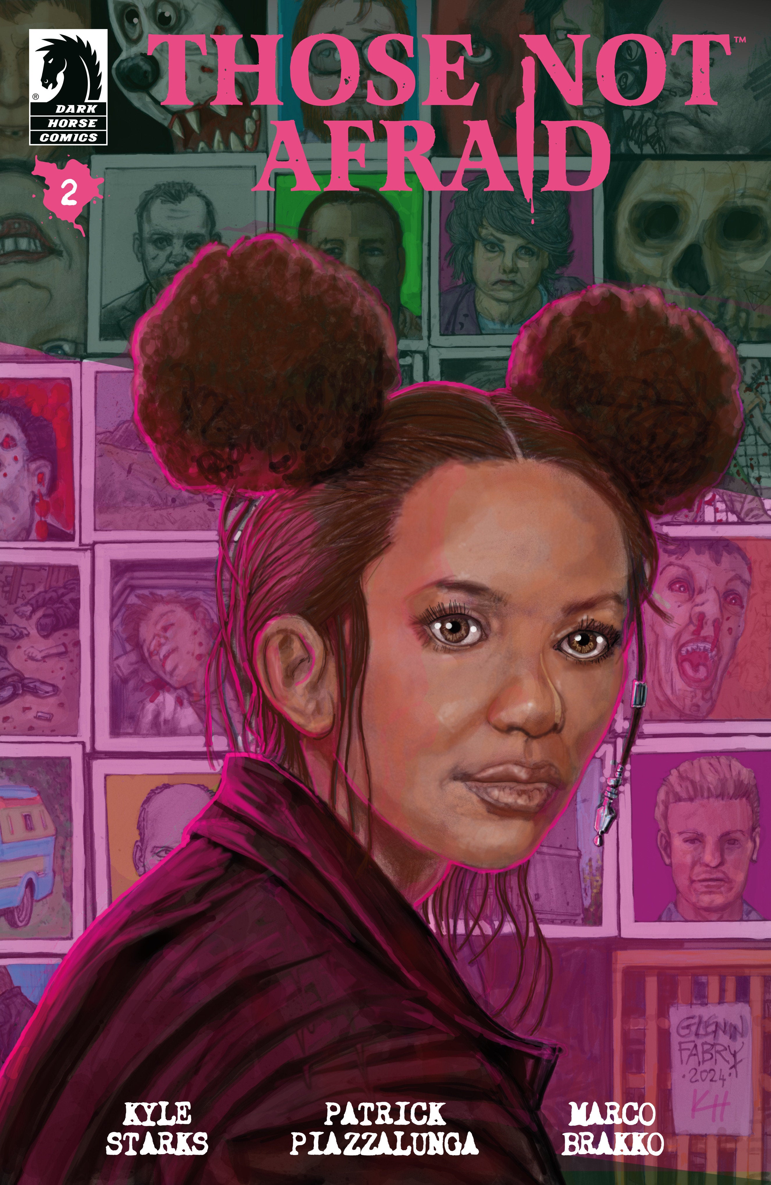 Comic book cover titled 'Those Not Afraid' with a character in a purple outfit and pink hair, surrounded by other comic book panels.