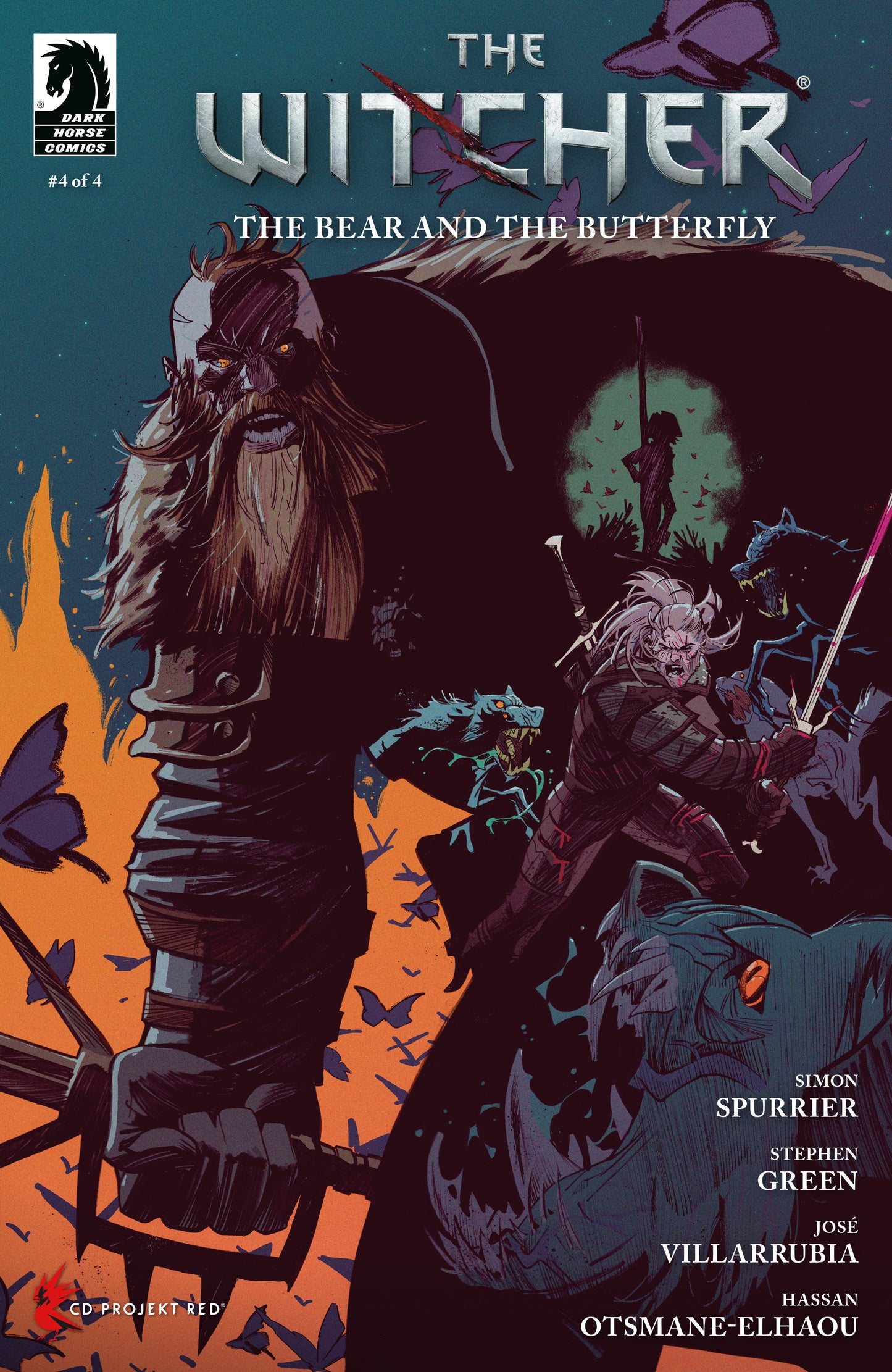 Comic book cover of 'The Witcher' featuring a warrior and a butterfly.
