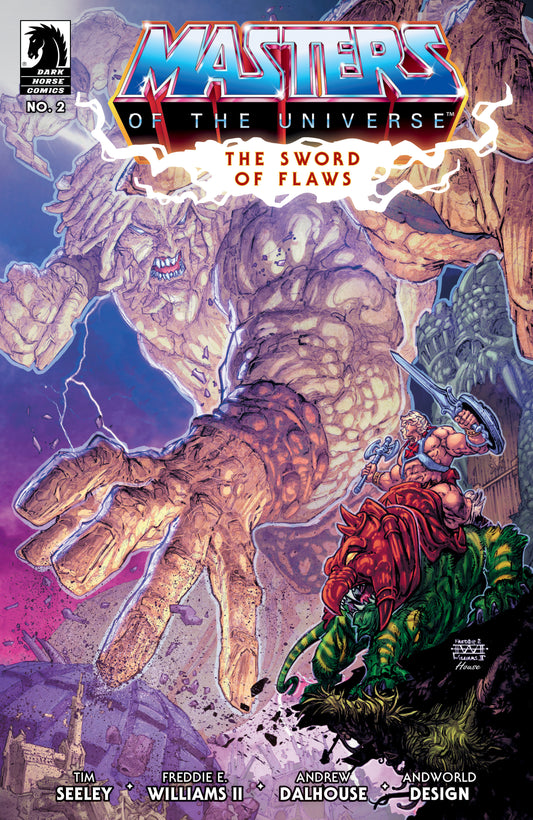 Comic book cover featuring 'Masters of the Universe' with a large hand and character in a cave.
