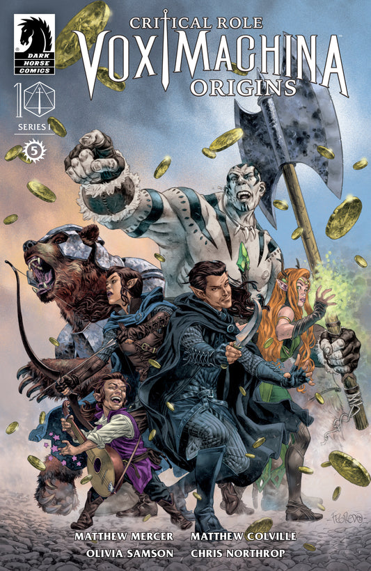 Comic book cover featuring characters from 'Critical Role: Vox Machina Origins' with a fantasy theme.