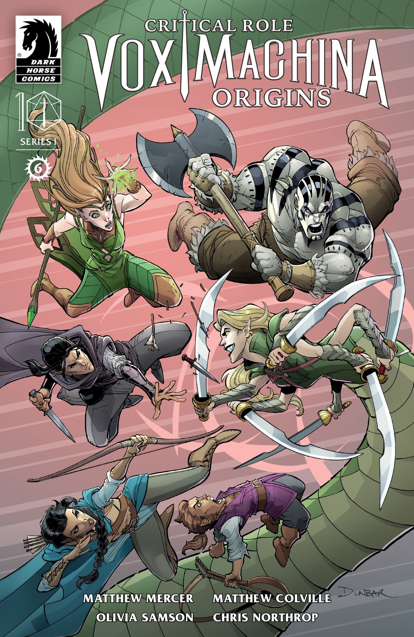Comic book cover of 'Vox Machina Origins' with characters in action poses on a red and green background.