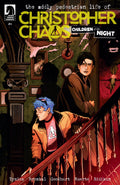 Comic book cover featuring two characters in a dimly lit room with a staircase.