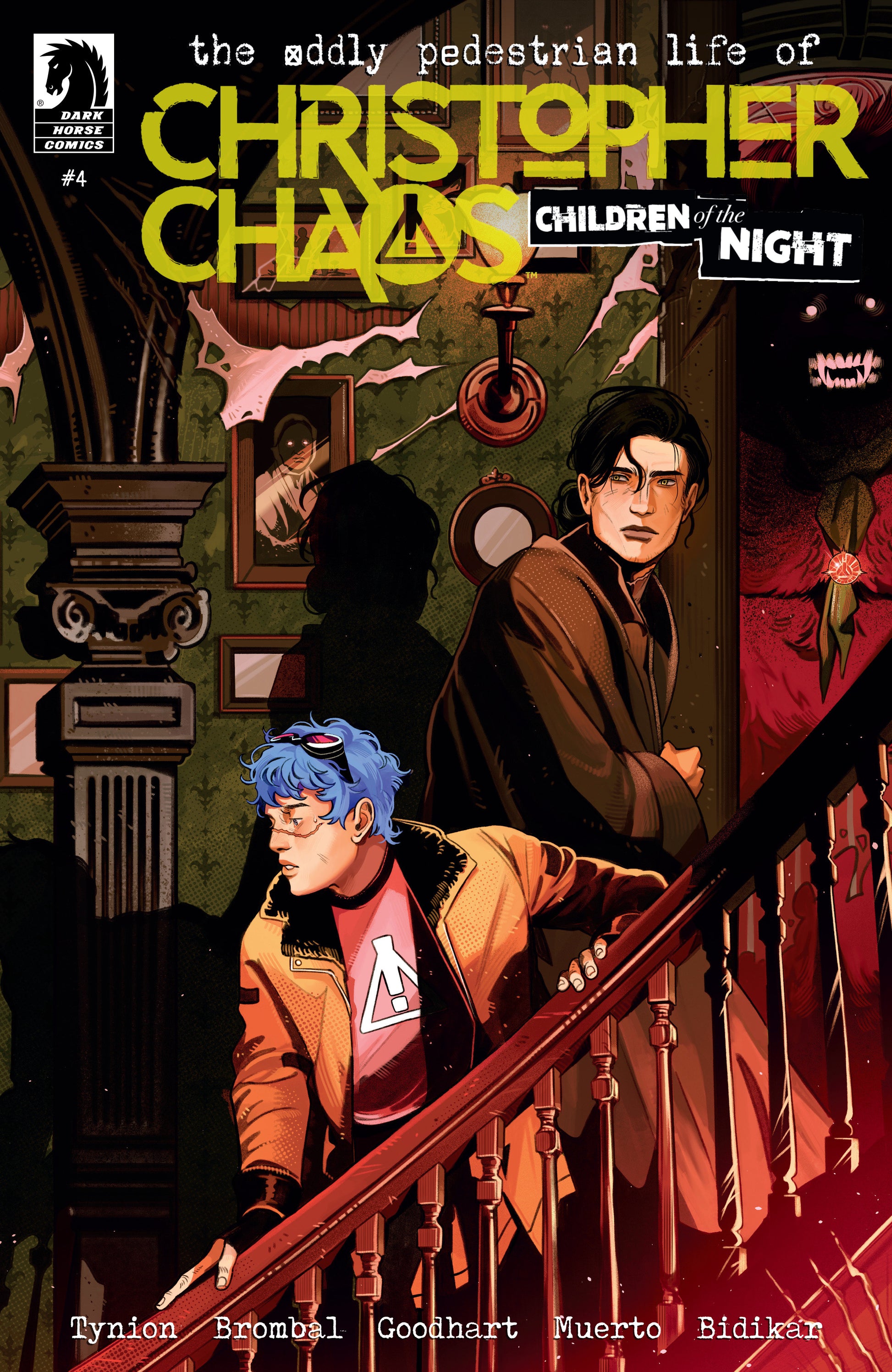 Comic book cover featuring two characters in a dimly lit room with a staircase.