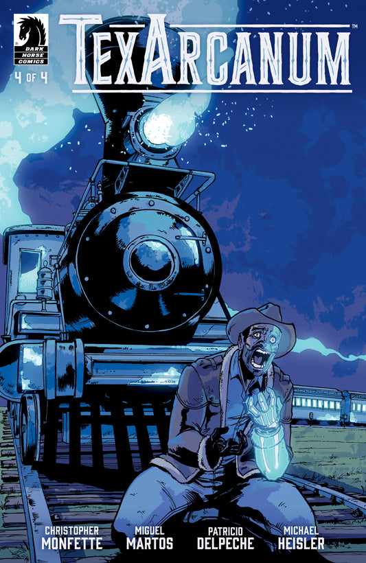 Comic book cover of 'TexArcanum' with a train and person in a hat on a blue background