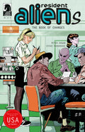 Comic book cover of 'Resident Aliens' with characters in a diner setting.
