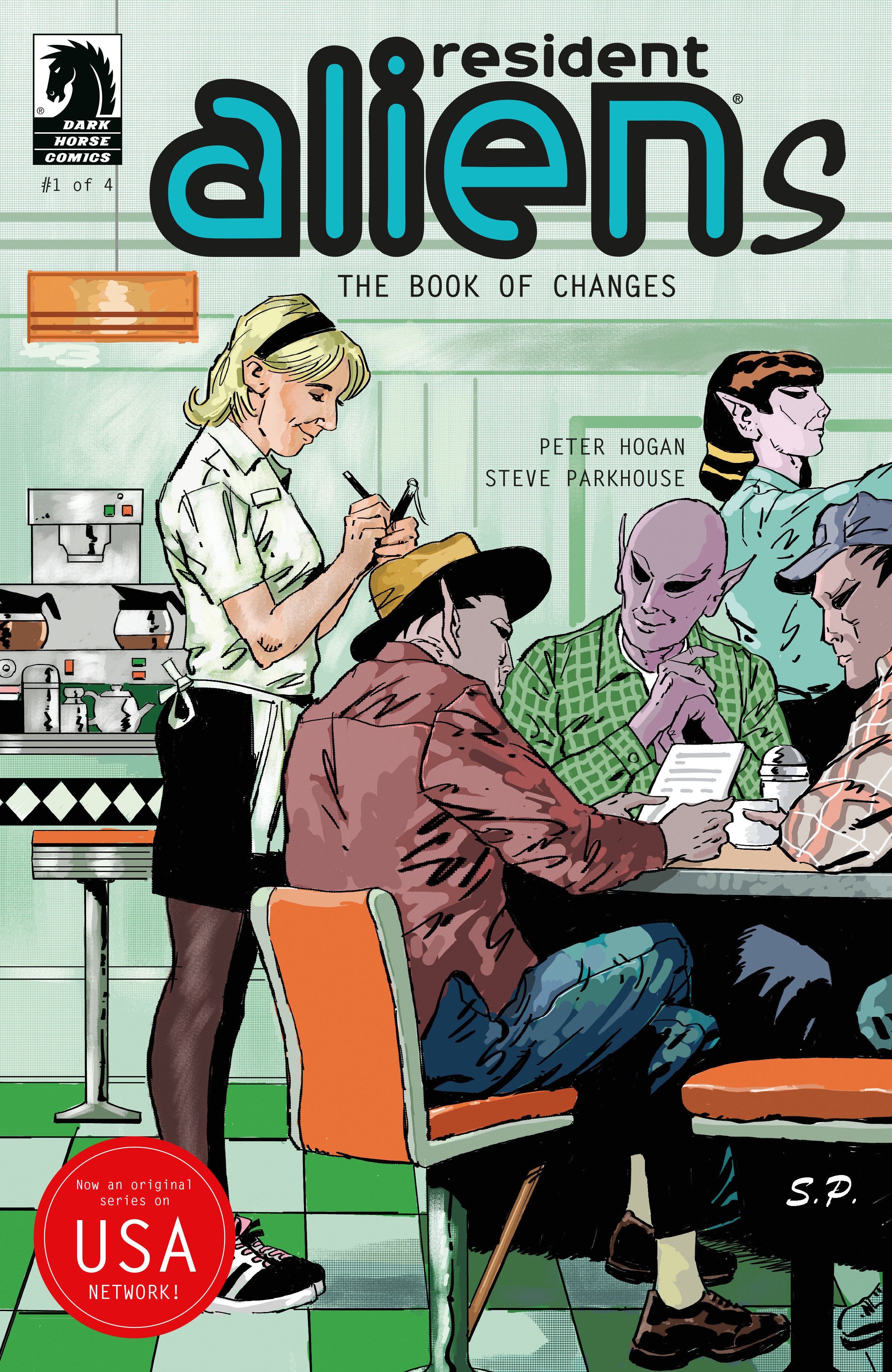 Comic book cover of 'Resident Aliens' with characters in a diner setting.