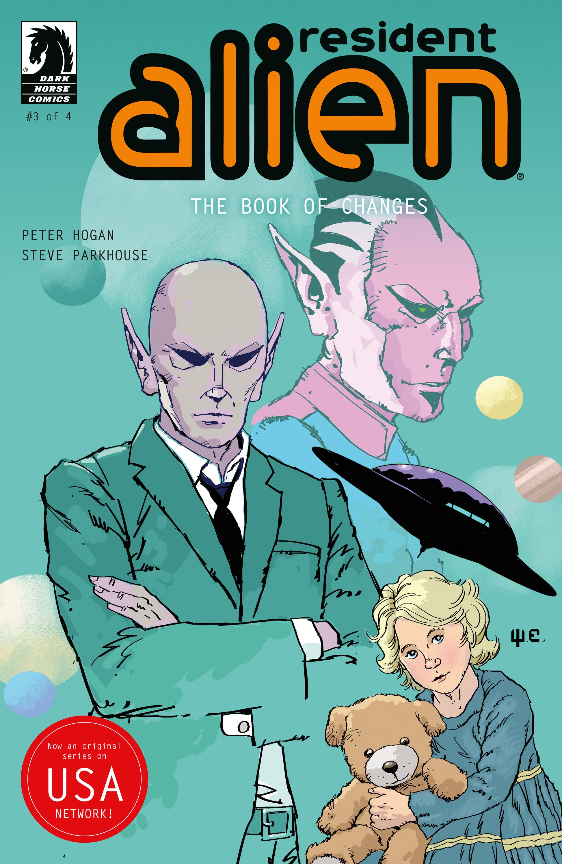 Comic book cover of 'Resident Alien' with characters and title text.
