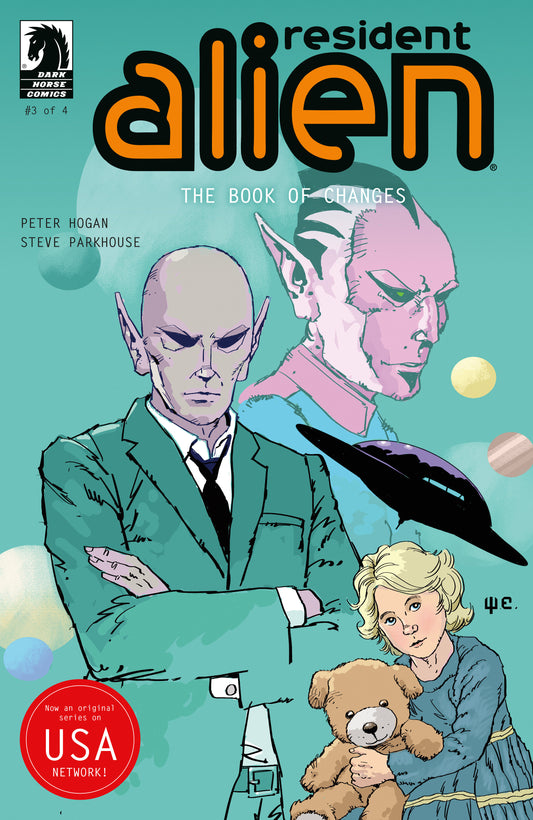 Comic book cover of 'Resident Alien' with characters and title text.