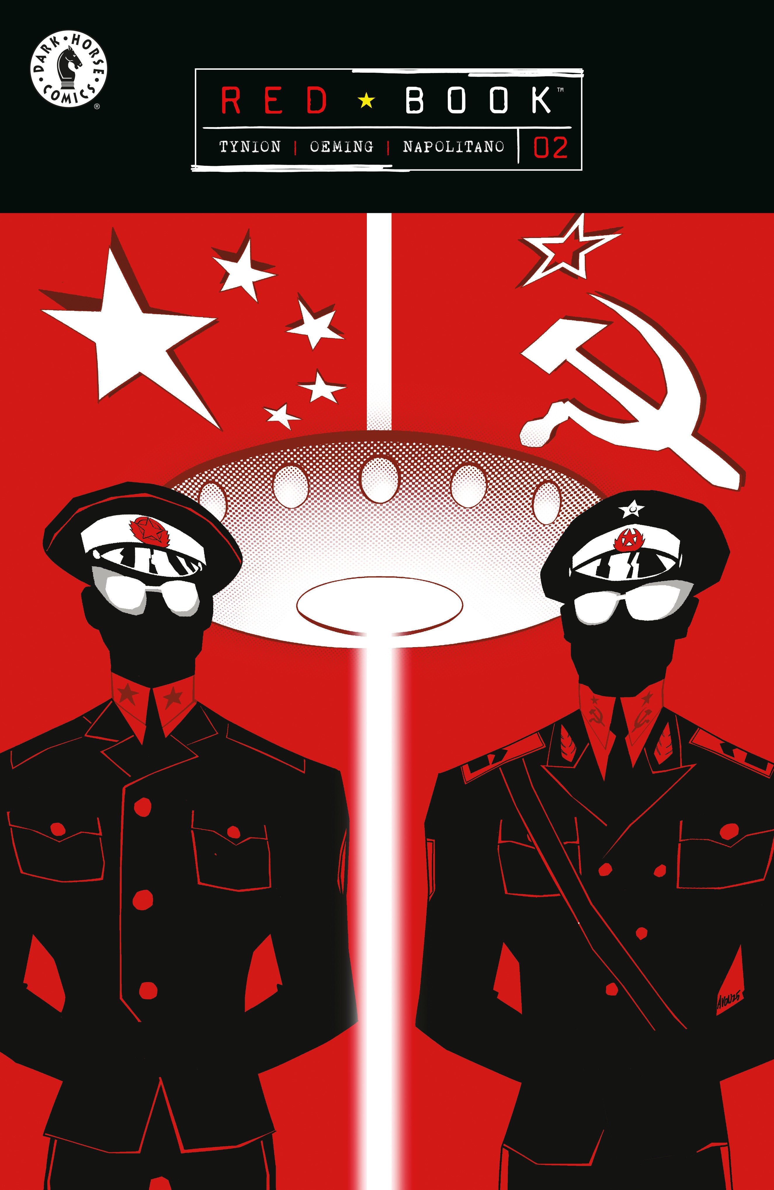 Cover of 'Red Book' with two figures in uniform and a red background with stars and a hammer.