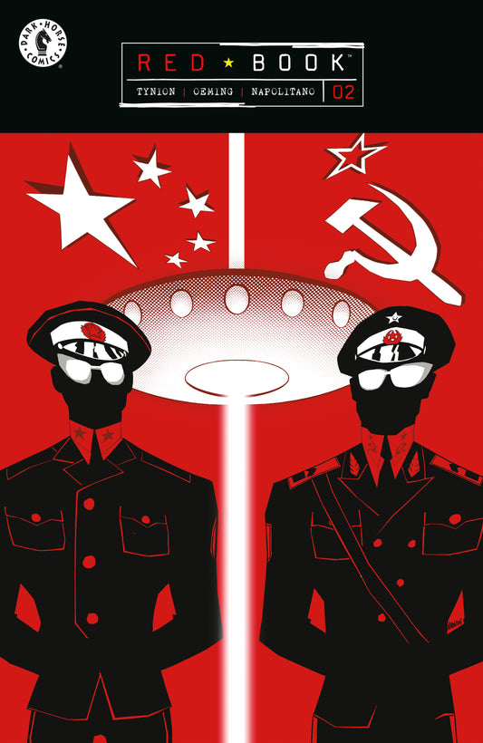 Cover of 'Red Book' with two figures in uniform and a red background with stars and a hammer.