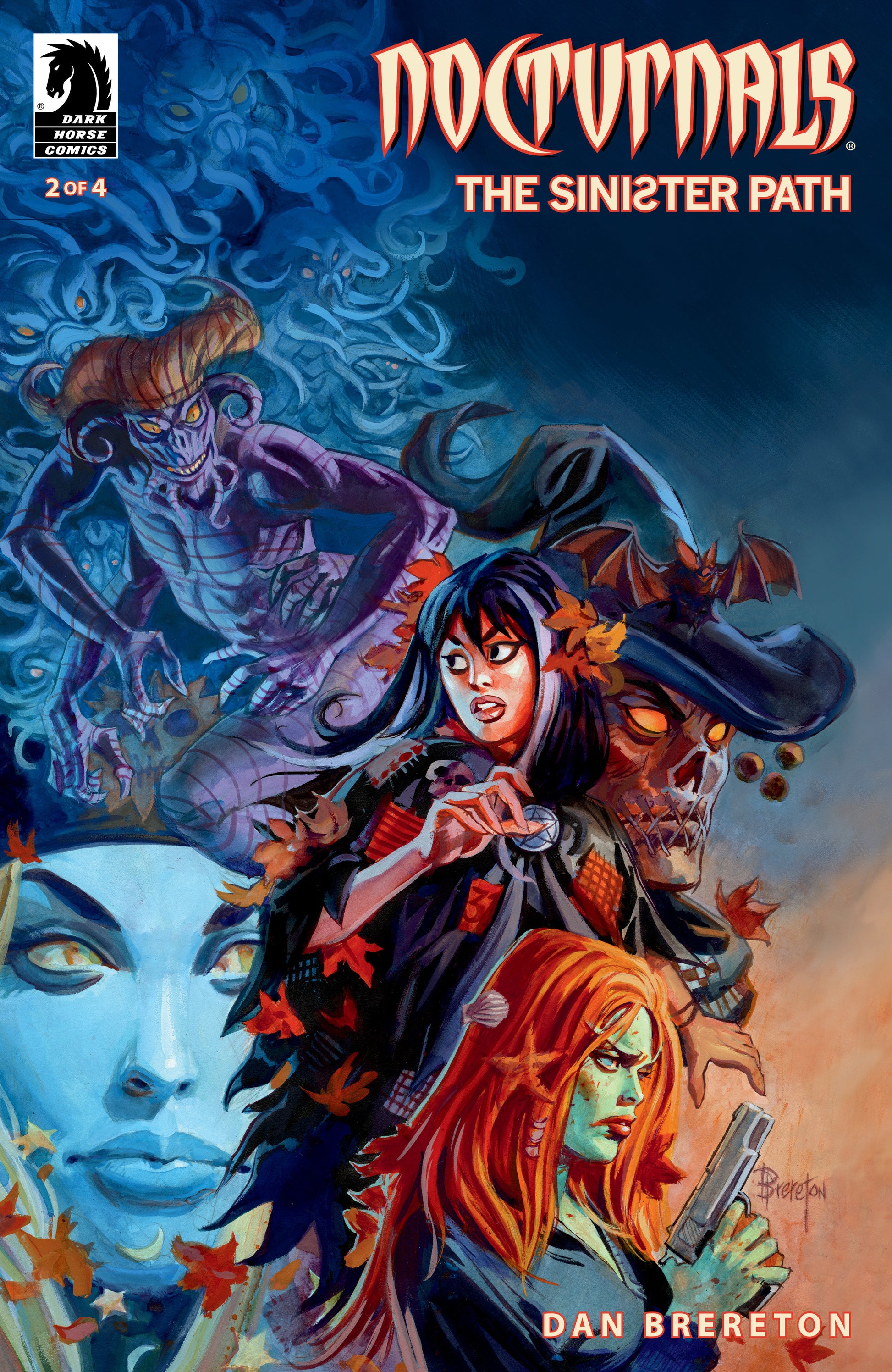 Comic book cover featuring characters with a dark and colorful art style, titled 'Nocturnals: The Sinister Path'.