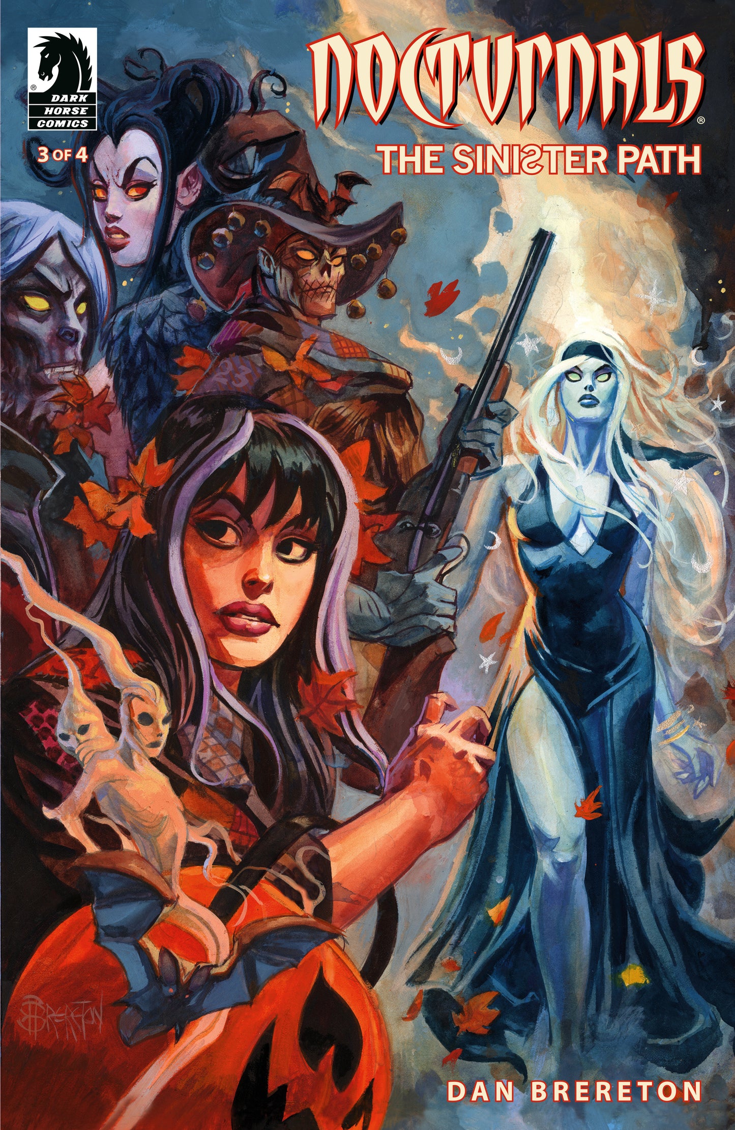 Comic book cover featuring characters with a fantasy theme, titled 'Nocturnals: The Sinister Path'.