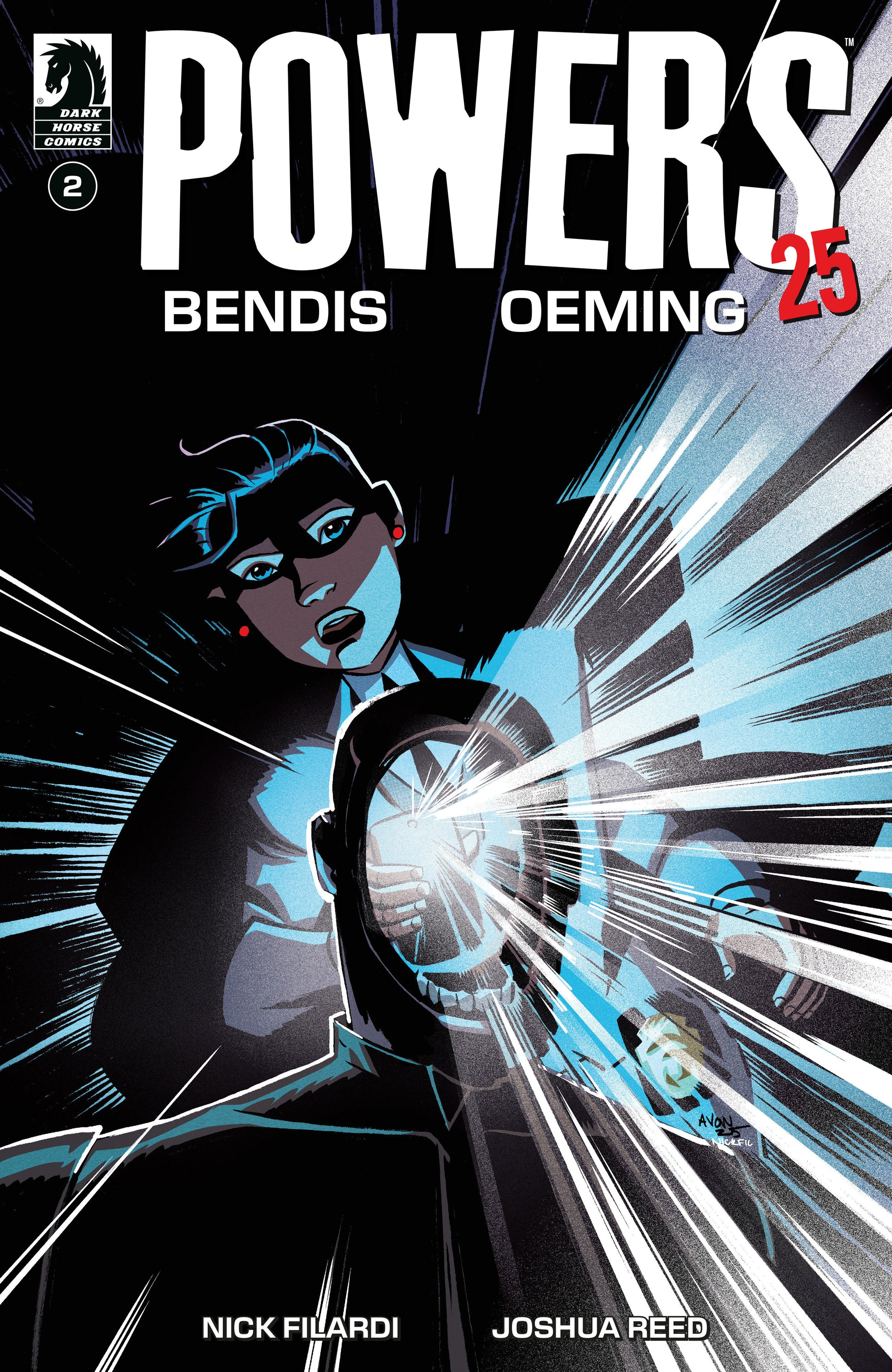 Comic book cover of 'Powers' with character holding a device, featuring Nick Filardi and Joshua Reed.
