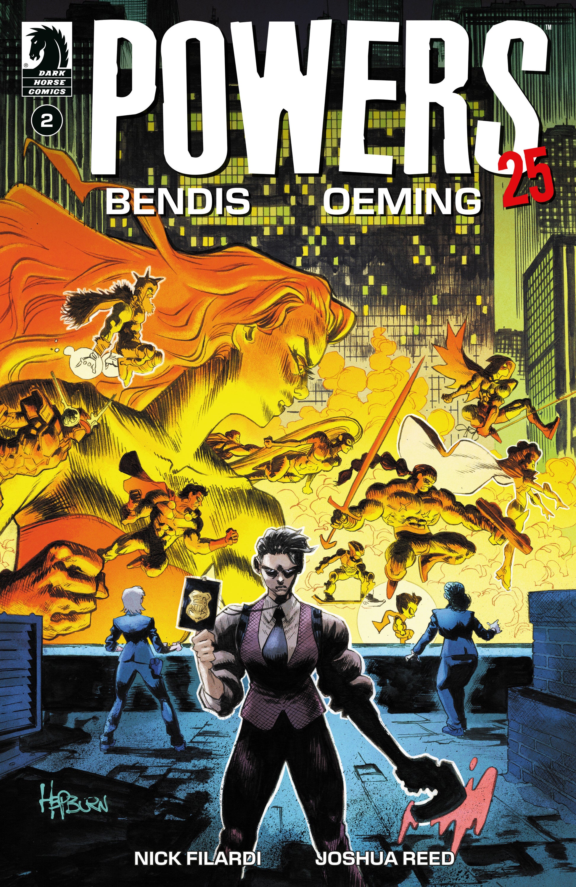 Comic book cover of 'Powers' with a superhero and cityscape background