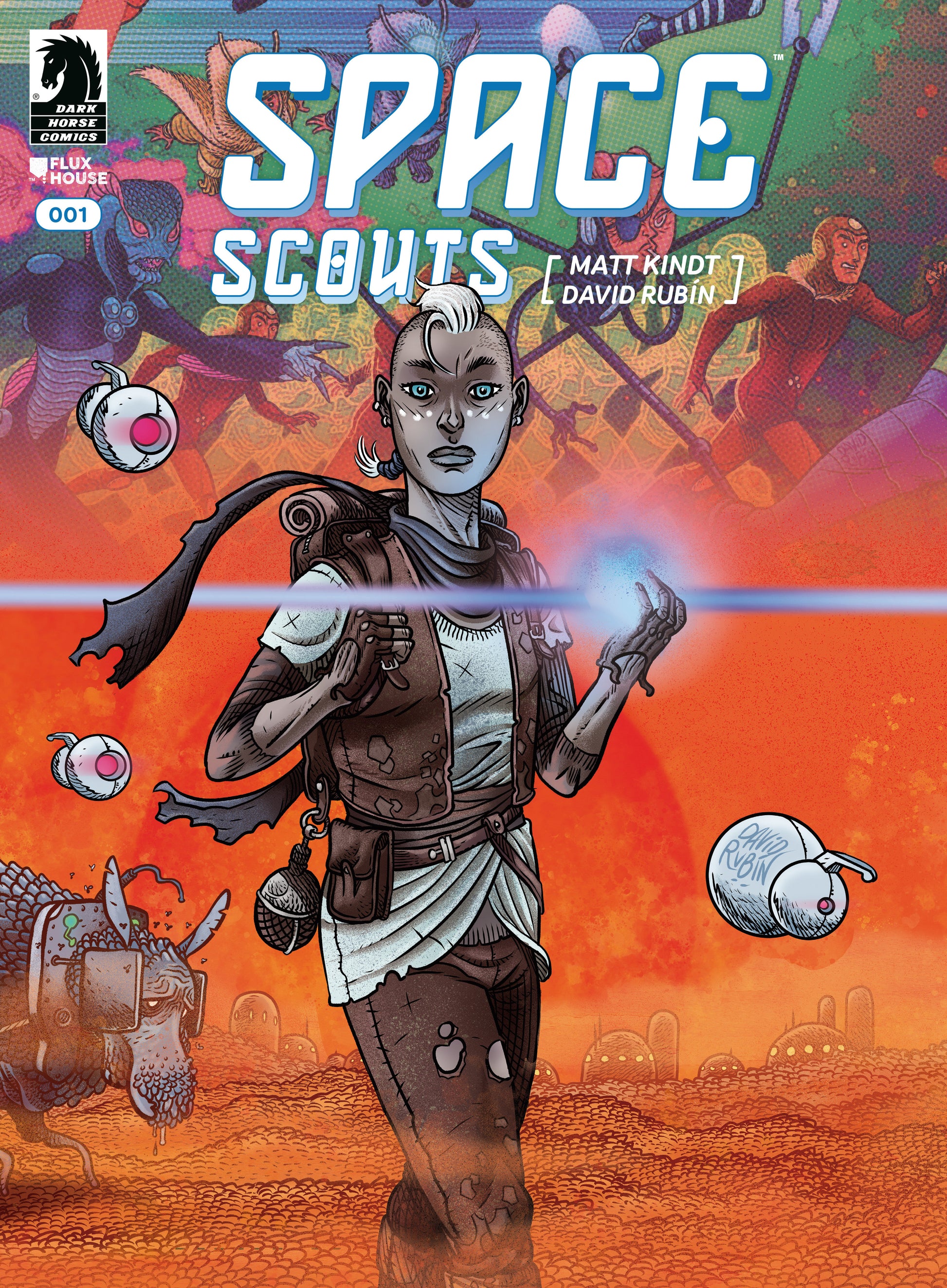 Comic book cover of 'Space Scouts' with a character holding a weapon on an orange desert planet.