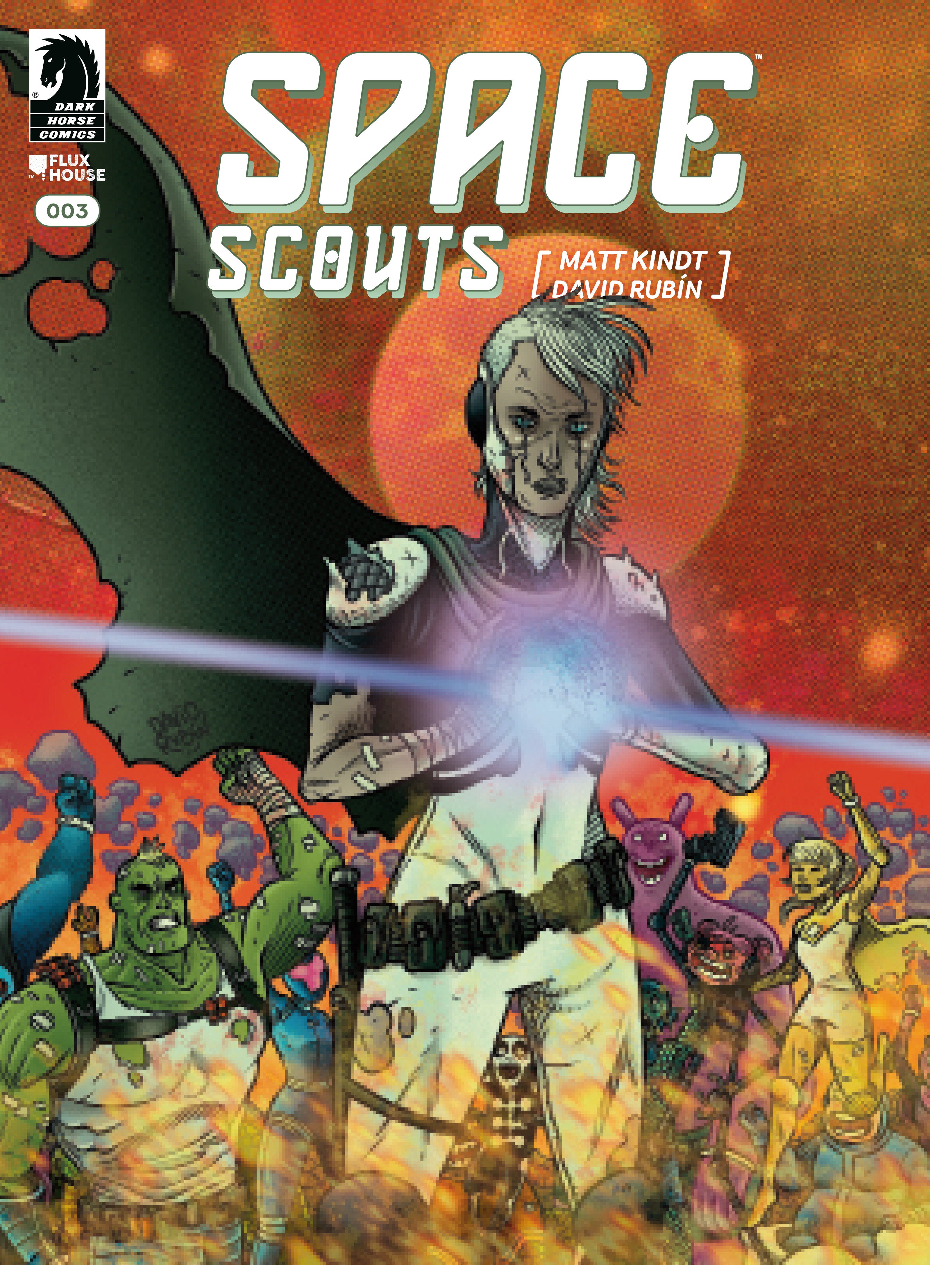 Comic book cover of 'Space Scouts' with characters and text on an orange background