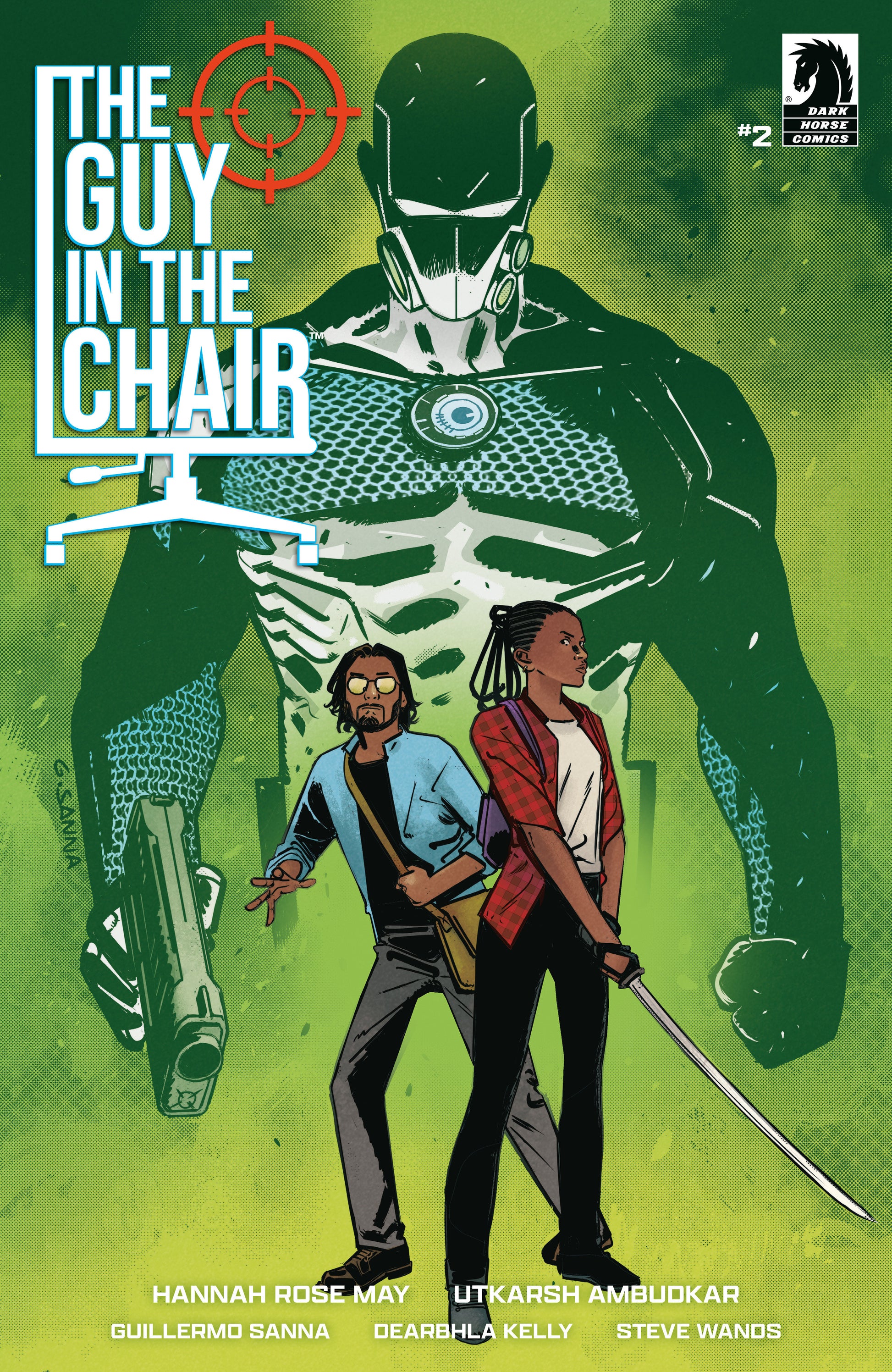 Comic book cover featuring a large figure in a chair with two people in front on a green background