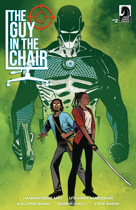 Comic book cover featuring a large figure in a chair with two people in front on a green background