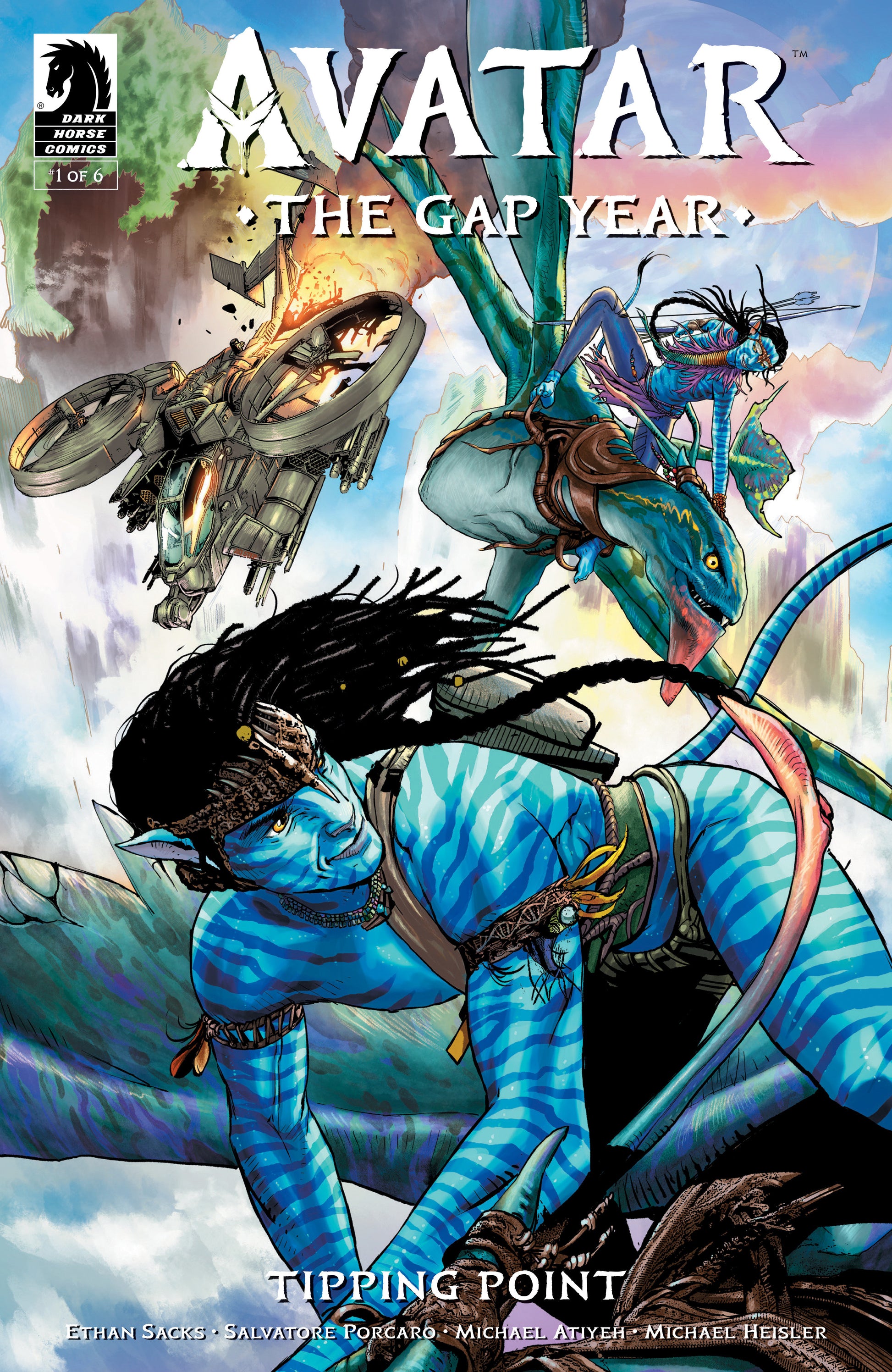 Comic book cover of 'Avatar: The Last Airbender - The Gap Year' with characters on a dragon.