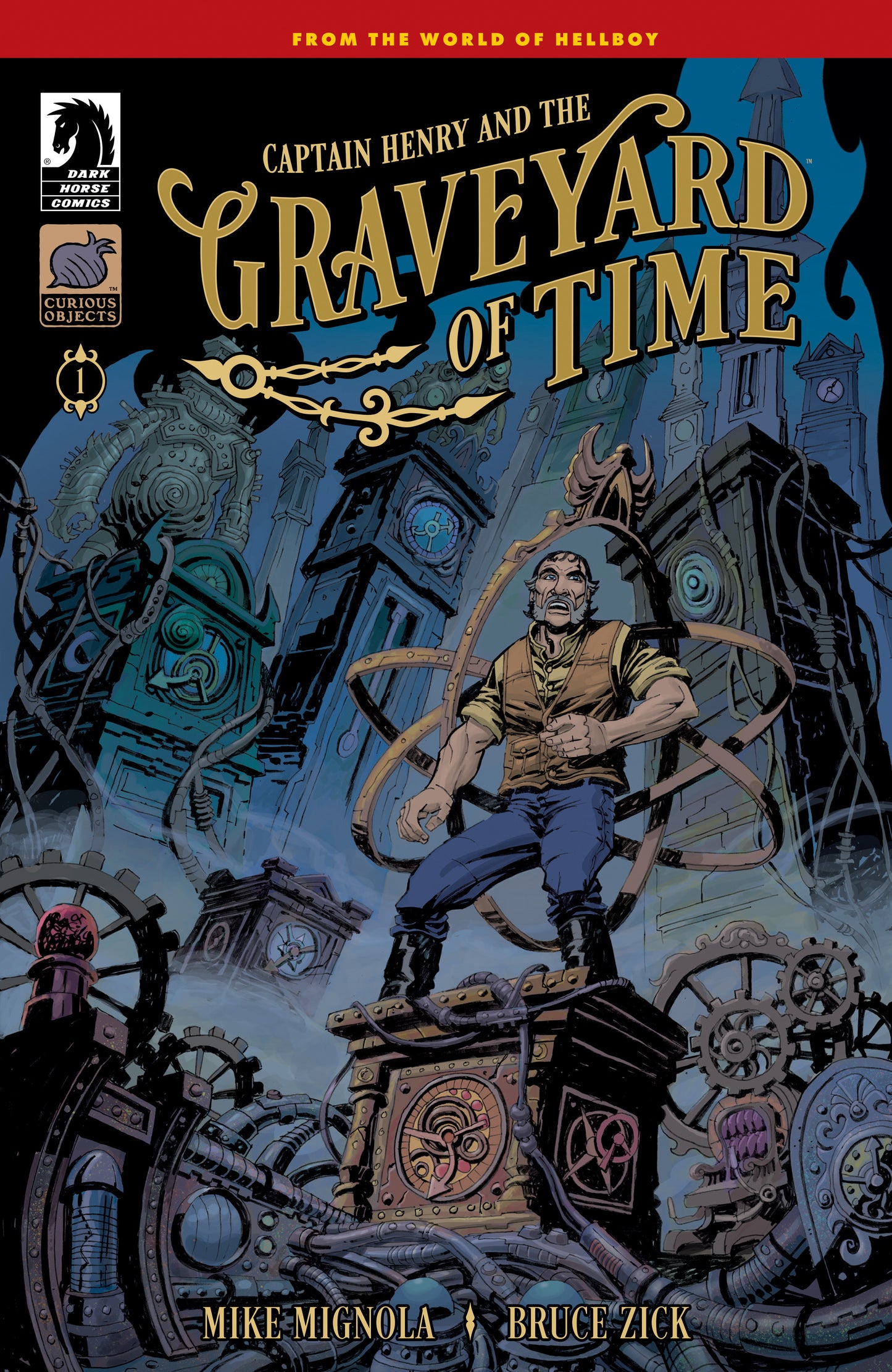Comic book cover of 'Captain Henry and the Graveyard of Time' with a character standing in front of mechanical devices.